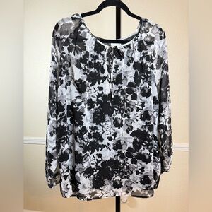 Plus Size Floral Sheer Layered Blouse Long Sleeve 2X Black White Ava & Viv Top